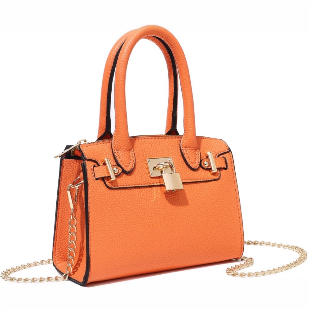 NEW Elegant Orange Vegan Leather Handbag with Gold Lock & Crossbody Chain Strap